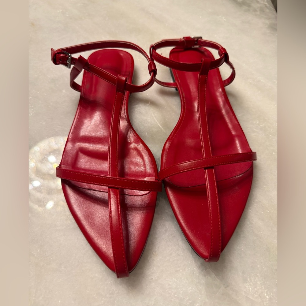 Women’s Red T-Strap Pointed Sandals